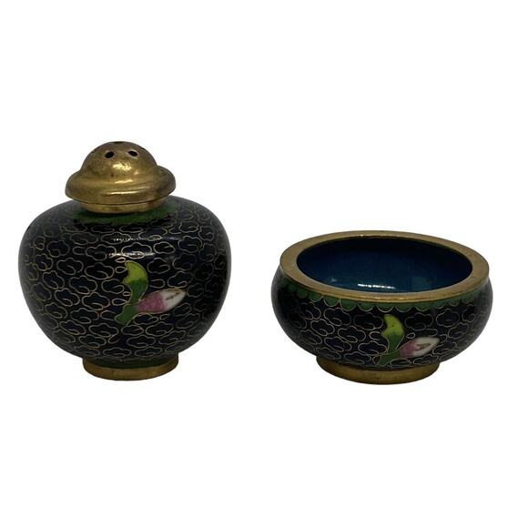 Vintage Set Chinese Black Cloisonné Salt Cellar Pepper Shaker Flowers Design - Picture 6 of 16